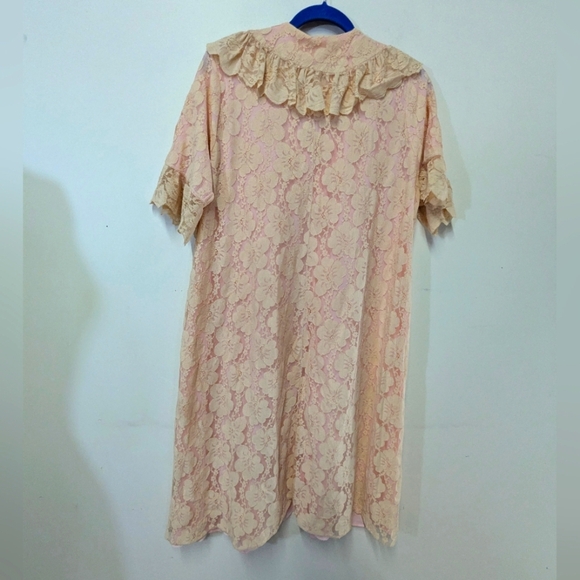 Vintage 50s-60s Lace Overlay Dressing Gown Robe M Housecoat Pink Ecru Ivory - Picture 6 of 12
